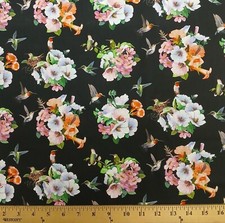 Cotton Flowers Floral Hummingbirds Birds Black Fabric Print by Yard D373.55