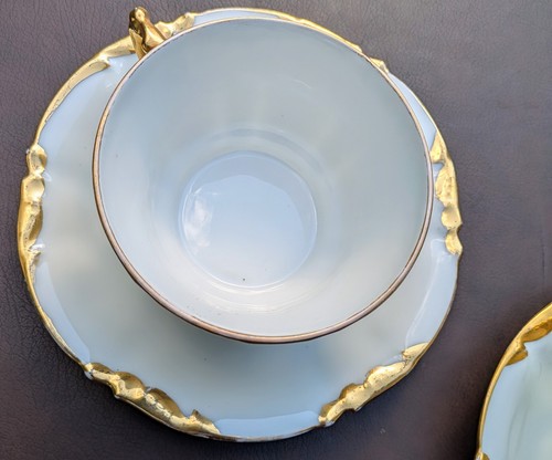 Gold on White 3 Cups & 3 Saucers Early 1900's J.P.L France "S" Monogram Mint Co - Picture 9 of 24