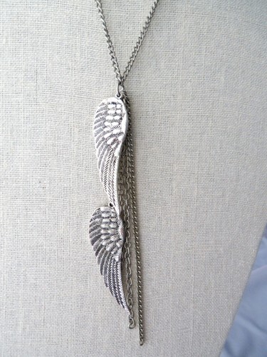 Large Silvertone Angel Wings Pendant Necklace and Dangle Earrings Set - Picture 3 of 7