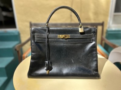 HERMES Vintage Kelly  Bag Black Box Calf With Shoulder Strap