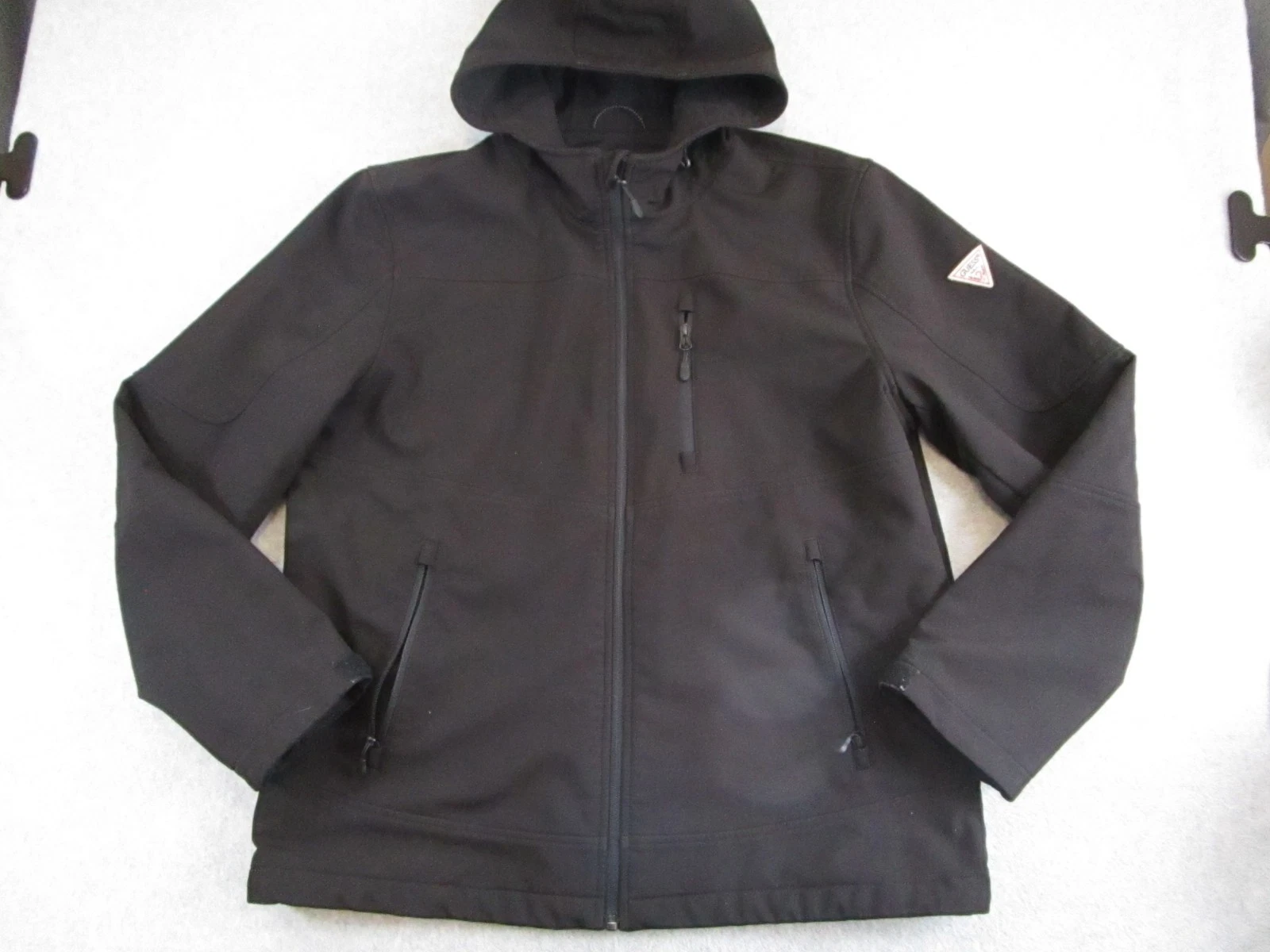GUESS Jacket Mens Extra Large Black Hooded Softshell Full Zip Coat Windbreaker