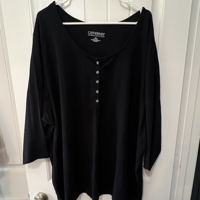 Catherine's Plus 4X Black Solid Scoop Neck 3/4 Sleeve Blouse Button