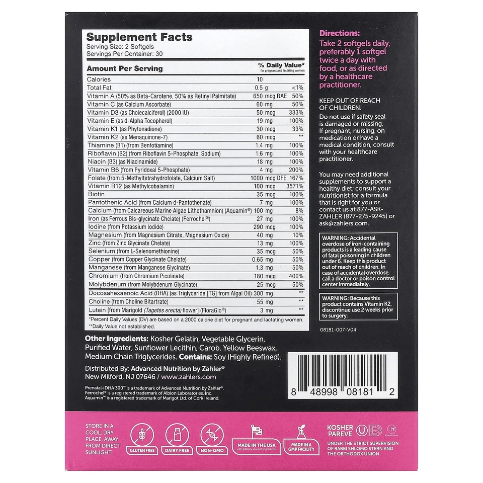 Zahler Prenatal DHA 300 60 cápsulas blandas sin gluten, calidad GMP asegurada, kosher, Foto 2 de 3