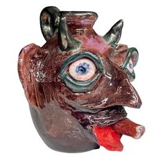 MARVIN BAILEY Signed FOLK ART Southern Primitive Pottery Face Jug DEVIL Cigar