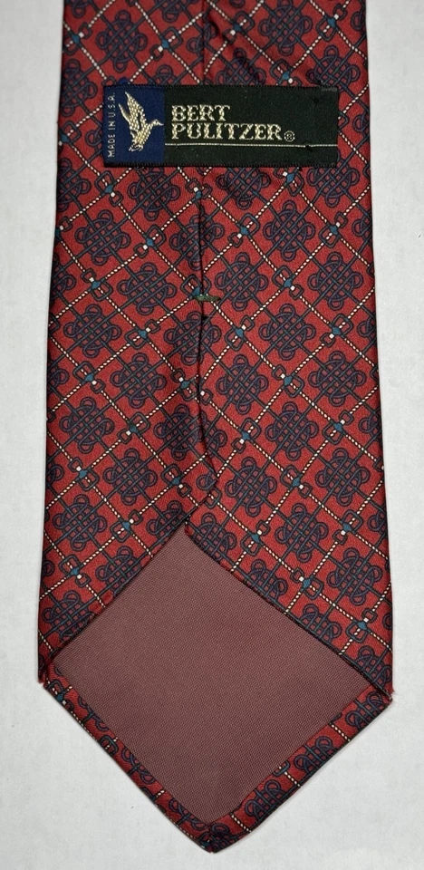 Corbata vintage Burt Pulitzer, 100 % seda, estampado geométrico rojo, negocios, Preppy Foto 3 de 3