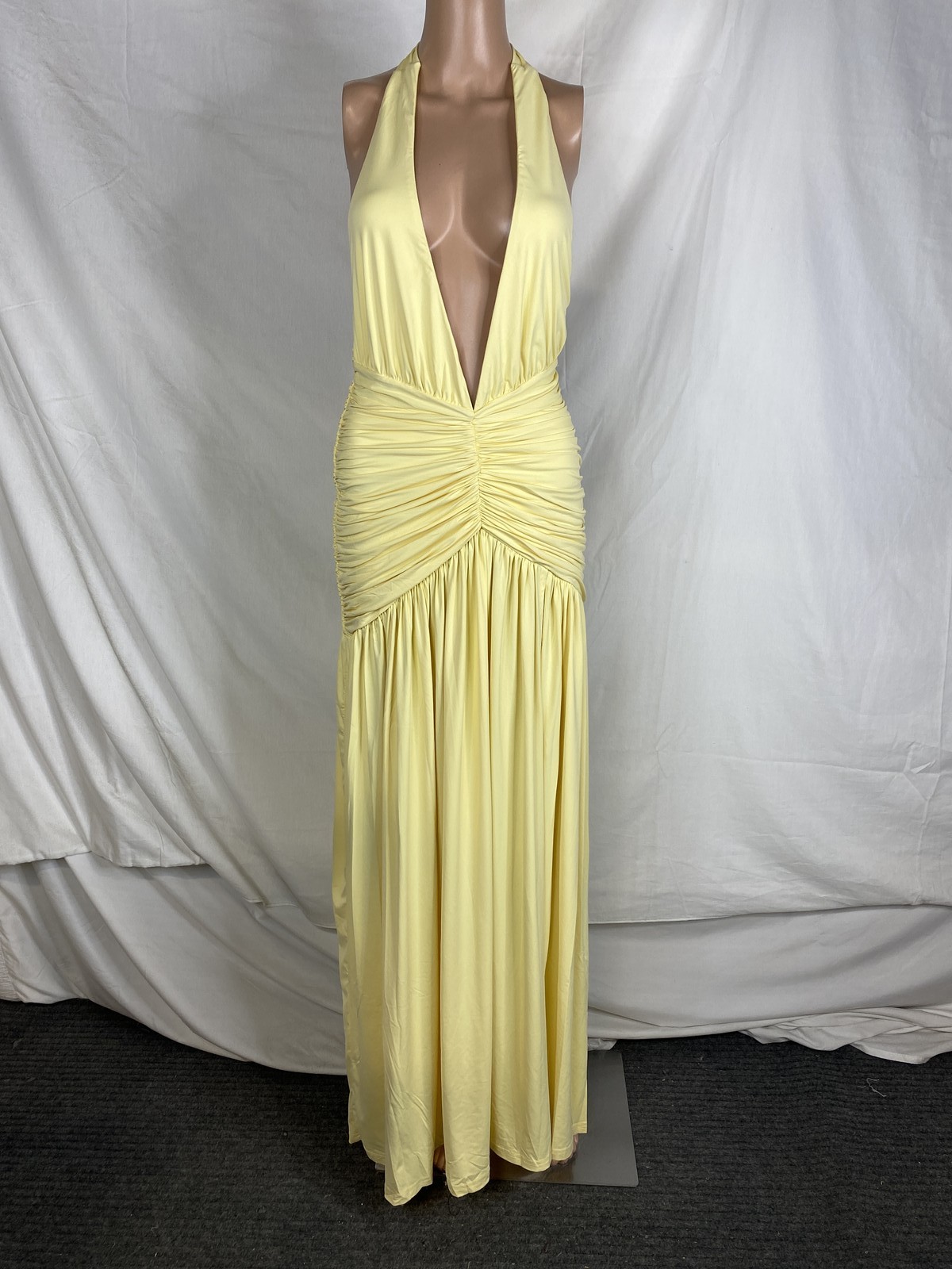 Babyboo Womens Maxi Dress Lemon Yellow Size M Stretchy Slinky Fabric Halterneck