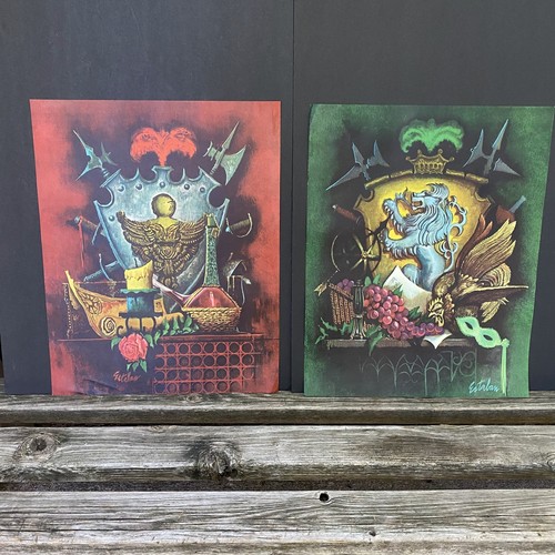 2 Vtg Gothic Art Print Esteban Coat Of Arms Lion Eagle Dungeon Crest Shield