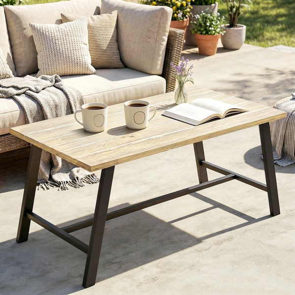 Outsunny Couchtisch, Rechteckiger Gartentisch Aus Metall Mit Holzoptik Braun-image