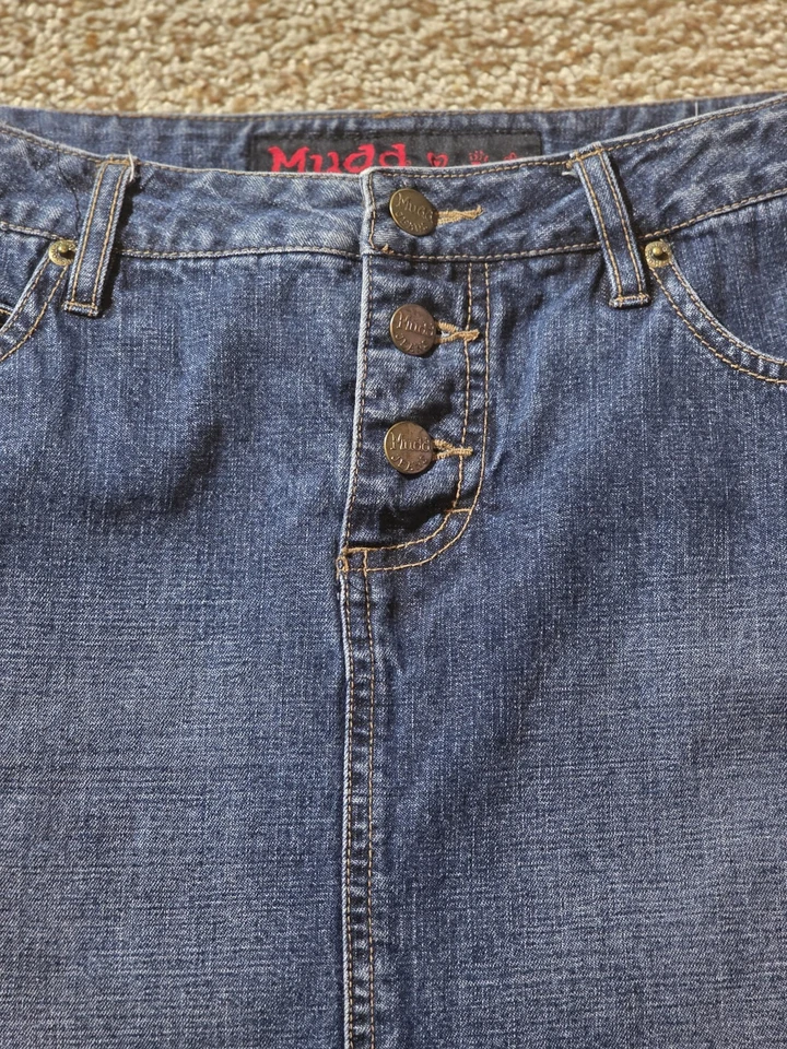 Falda vaquera Mudd para mujer 5 botones azules frontal midi 100 % algodón informal años 2000 Y2K Foto 2 de 4