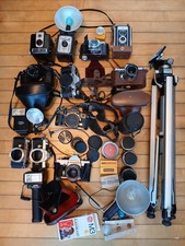 Vintage Camera, Flash, Lens Lot: Canon, Kodak, Pentax, Edixa, Ricoh, Praktica