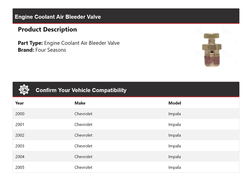 Válvula de purga de aire refrigerante motor Chevrolet Impala 2000-2005 4 estaciones 2001 Foto 2 de 4