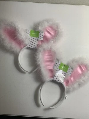 Lot 2 Headband Bunny Rabbit Fluffy Ears White Feathers Pink Satin Easter New - Image 1 of 4