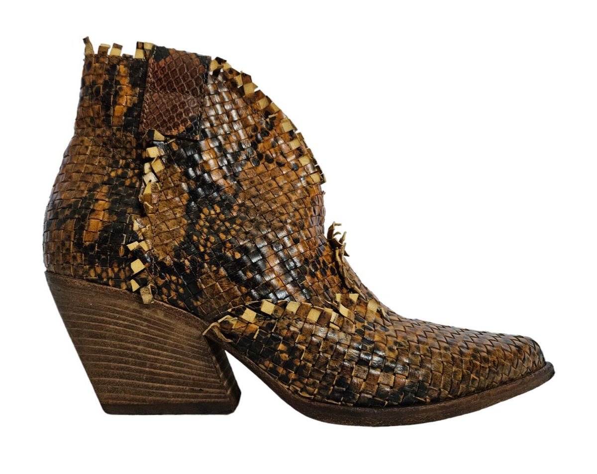 Elena Iachi Brown Woven Leather Reptile Print Boots Size EU