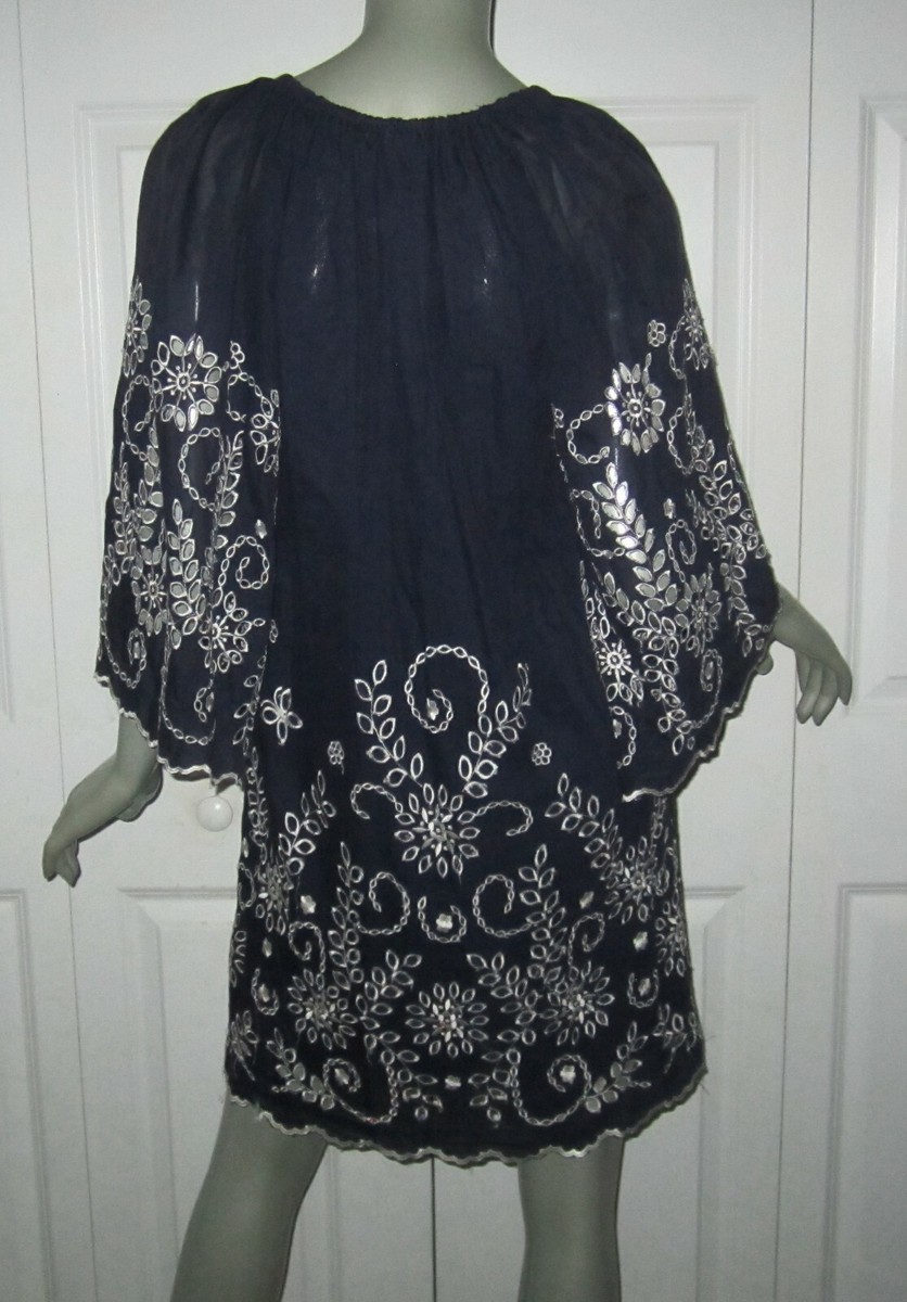 YOANA BARASCHI Dark Blue Dress White Embroidery Bell Sleeves Small | eBay