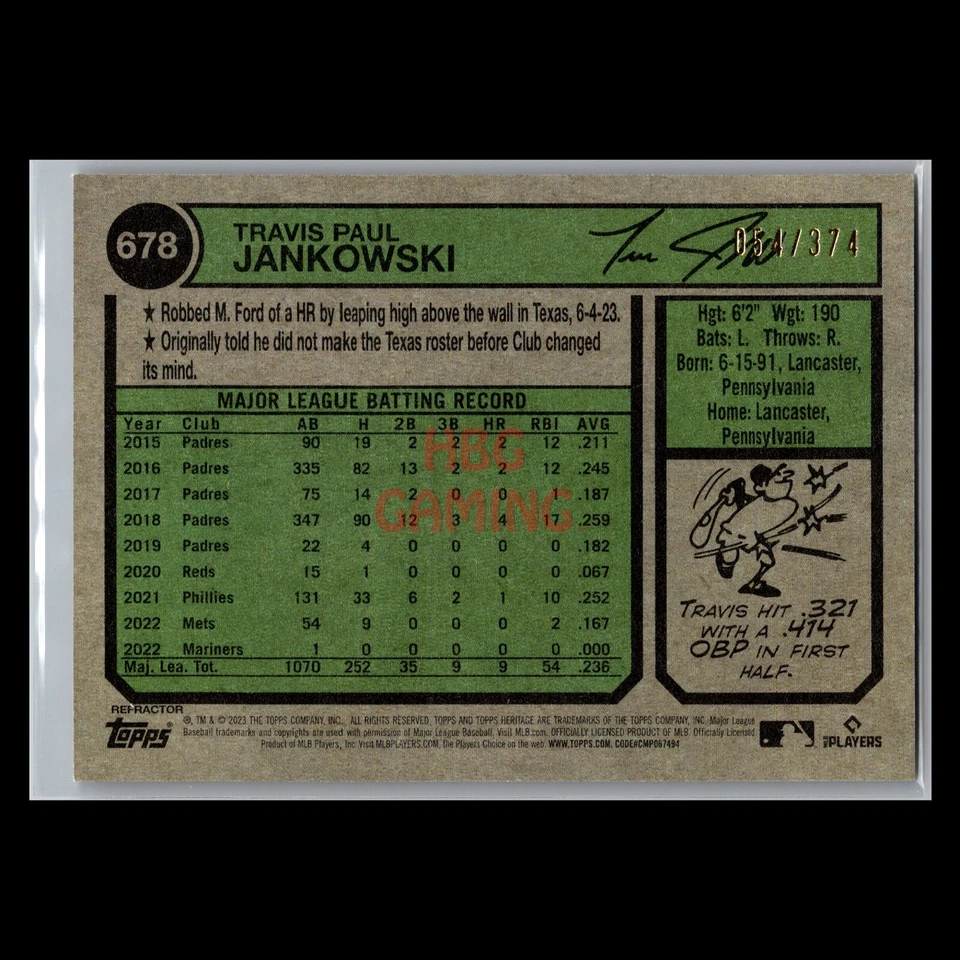 2023 Topps Heritage High Number - Refractor #678 Travis Jankowski /374 - Image 2 of 2