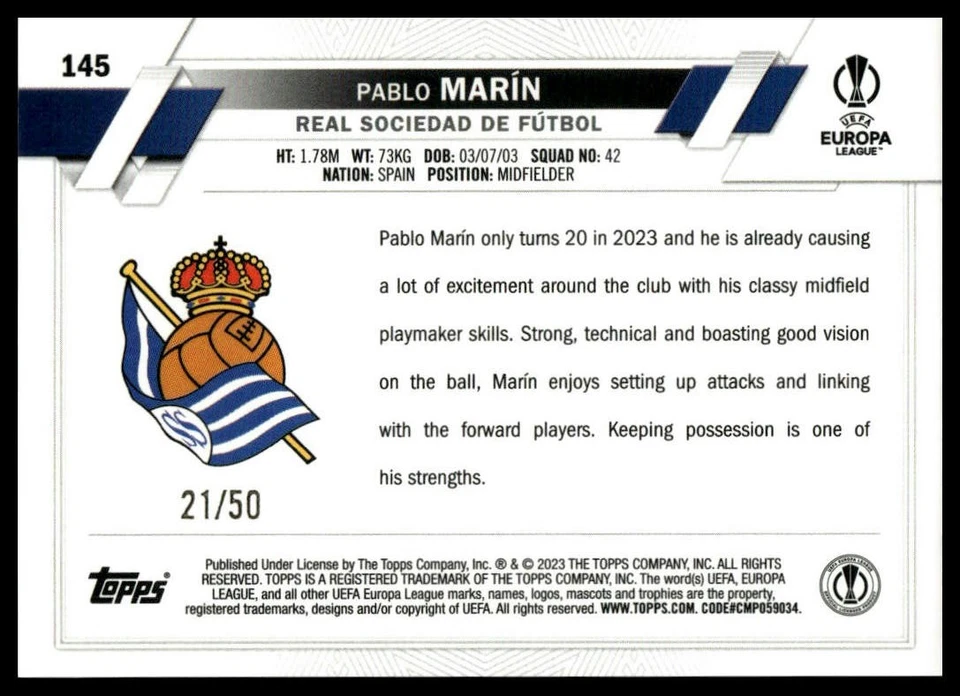 2022-23 Topps UEFA Club Competitions #145 Pablo Marín Gold Foil #/50 - Image 2 of 2