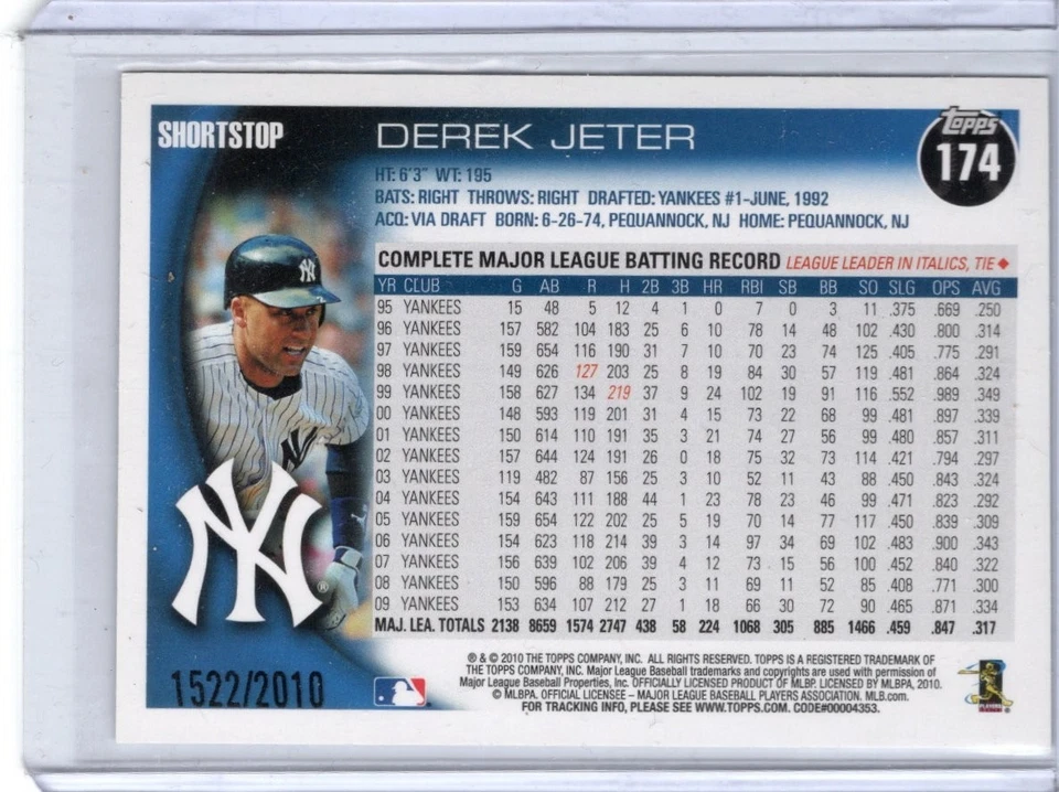 Derek Jeter 2010 Topps Opening Day #174 Blue 1522/2010 - New York Yankees - Image 2 of 2