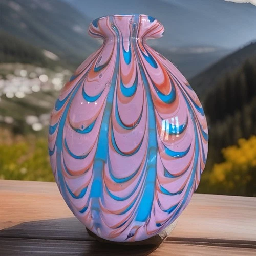 Mid-Century Hand blown Swirl Murano Cased Art Glass Vase Red Pink Blue 10.25"