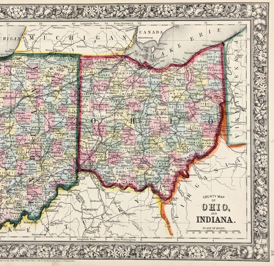 1864 OHIO - INDIANA Map ORIGINAL  (13X10.5) RAILROADS - COUNTY - TOWNSHIPS - Image 2 of 4