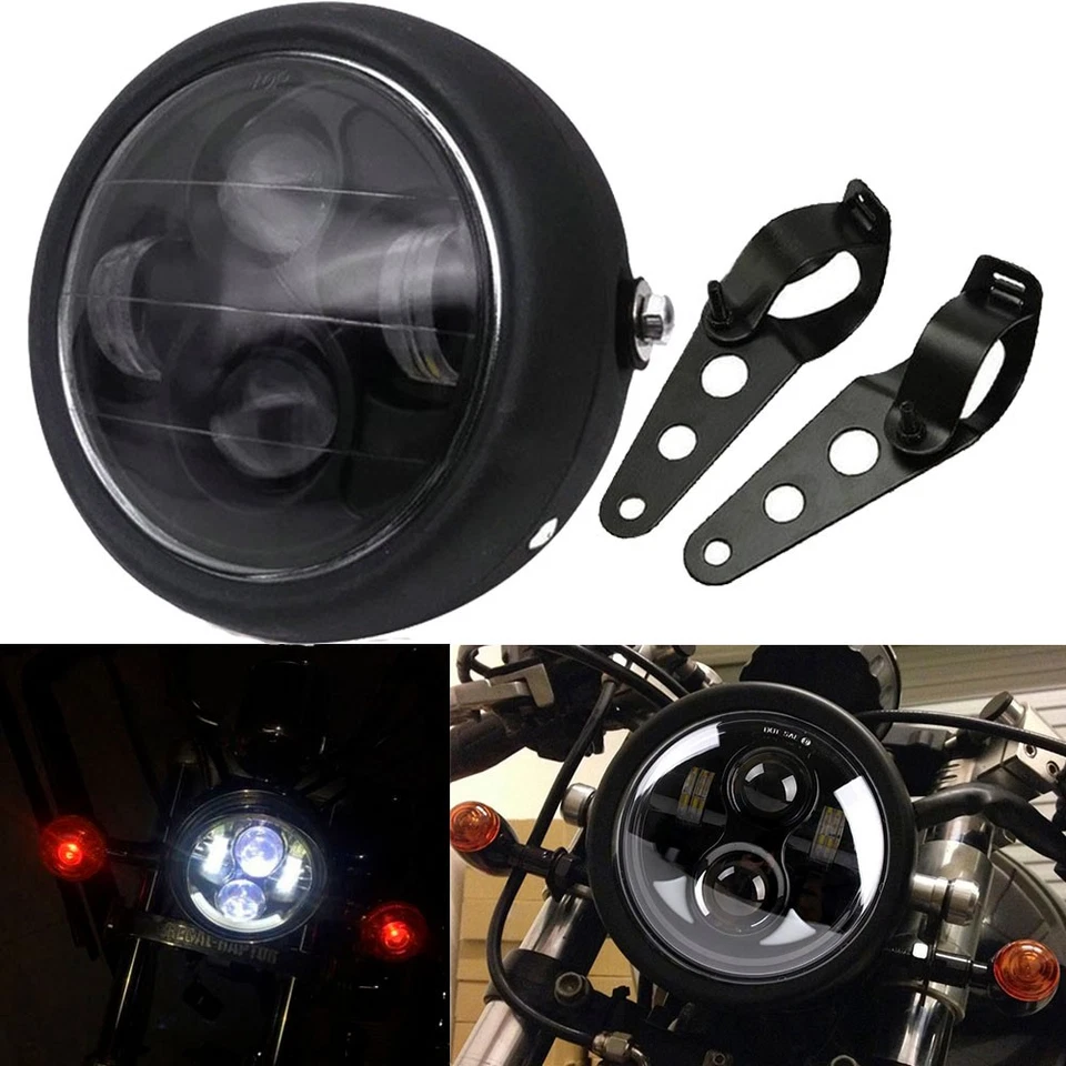 Retro Style 6.5" Motorcycle LED Headlight Cafe Racer Bobber Side Mount Bracket - Image 2 of 4