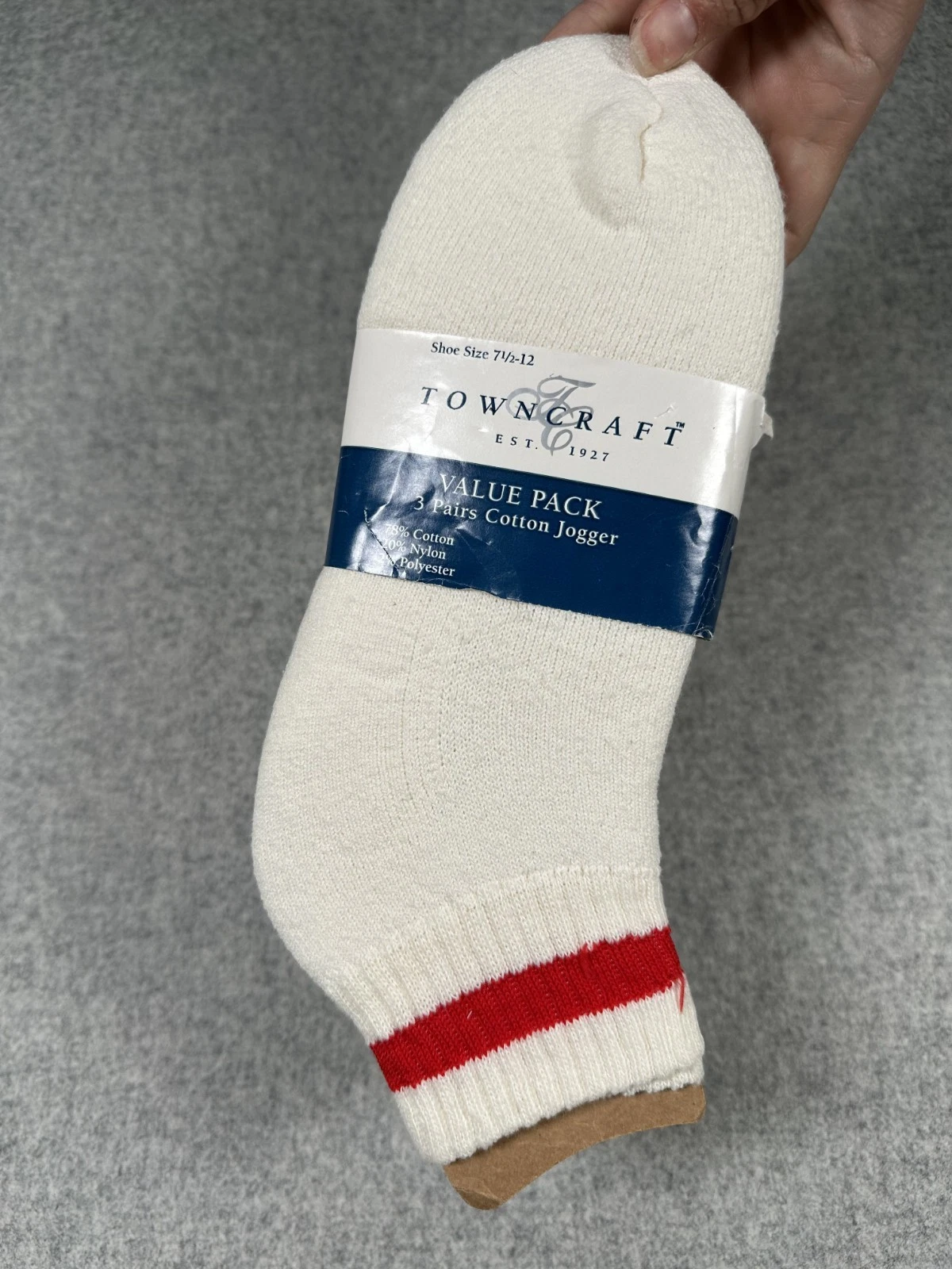 NOS Towncraft Socks Cotton Jogger 3 Pair White Red Shoe Size 7 1/2 - 12 Stripe