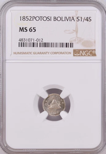 Bolivia 1852 Potosi - 1/4 Sol - NGC MS65 - Reflective Fields - Llama & Mountain