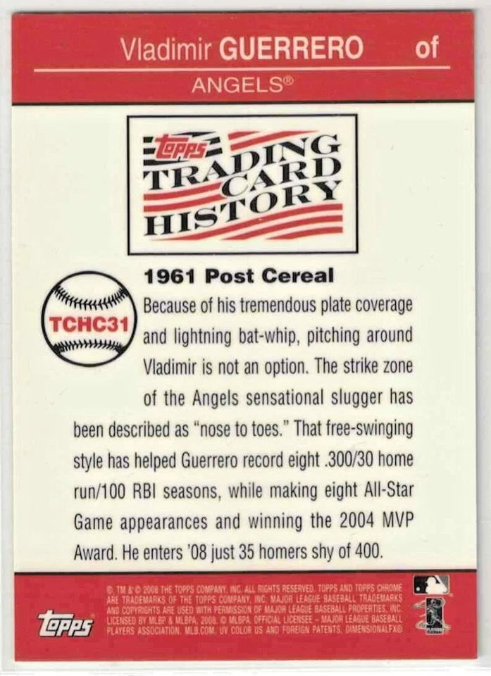 2008 TOPPS CHROME TRADING CARD HISTORY VLADIMIR GUERRERO #TCHC31 LA ANGELS MLB - Image 2 of 2