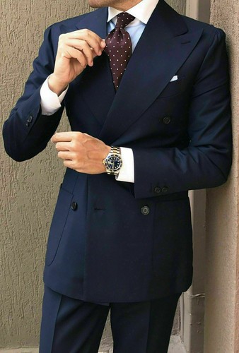 Wide Lapel Peak Navy Blue Tuxedos Men's Wedding Party Formal Prom Groom Suits - Picture 3 of 12