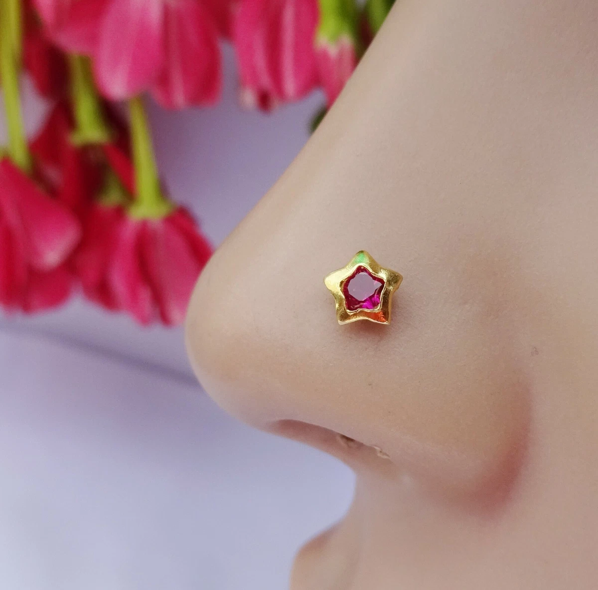 235-GNP022 - 22K Gold Nath - Nose Ring with Cz & Ruby | Gold nose hoop, Nose  ring, Nath nose ring