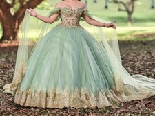 Sage Green Quinceanera Dresses Ball Gown Gold Lace Applique With Cape Sweet 16