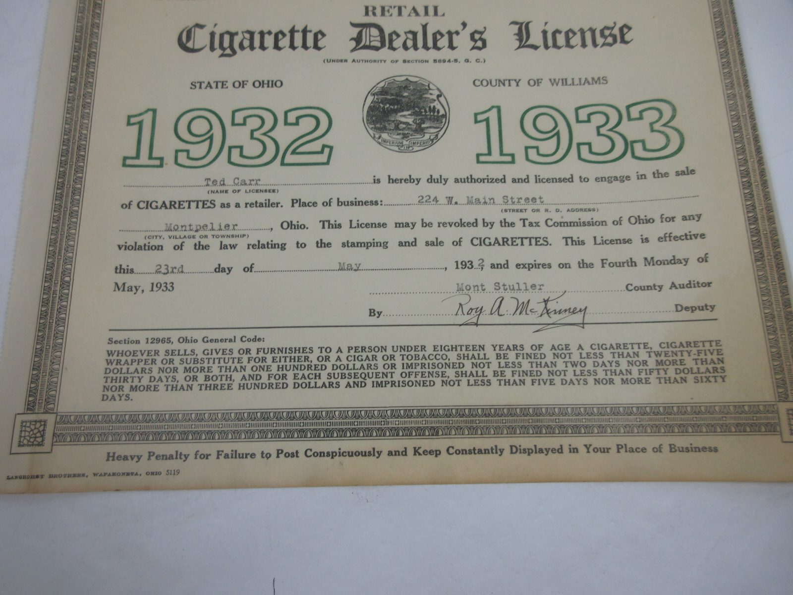 vintage 1932 Montpelier Ohio Cigarette Dealer's License business permit ephemera eBay