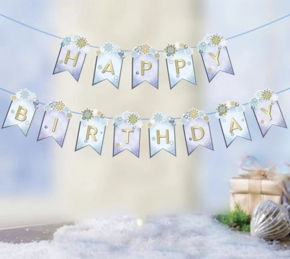 金色蓝色白色雪花生日快乐旗帜横幅冬季仙境 12 英尺 — 第 2/4 张图片