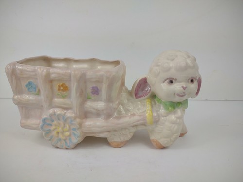 Vintage Hand Crafter Easter Lamb Planter Ceramic Mold Sheep Spring wagon cart - Picture 9 of 10