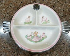 Vintage Little Bo-Peep Child's Warming 3 Part Divided Dish Chrome Bottom Baby