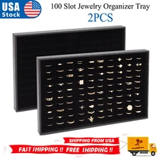 2 Pack Ring Display Tray with Faux Leather Case, 100 Slot Jewelry Organizer Tray