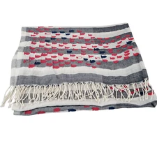 Vrisa Embroidered Fish Rectangle Scarf Wrap Gray White Striped Fringe Nautical