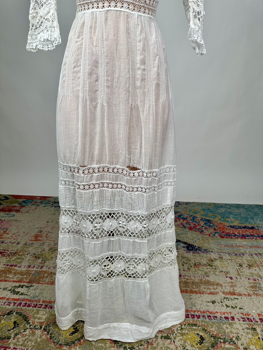 ワンピース 1900s Flower Embroidery Cotton Dress Vintage Floral Embroidery Cotton Linen Dress - Womens Autumn