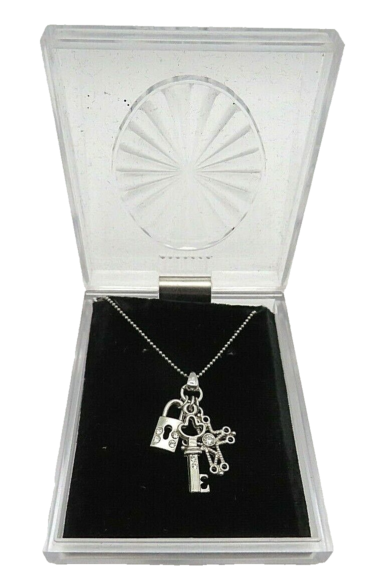 Cross Lock Key Necklace with Rhinestone Charms on 18-Inch Silvertone Ball Chain