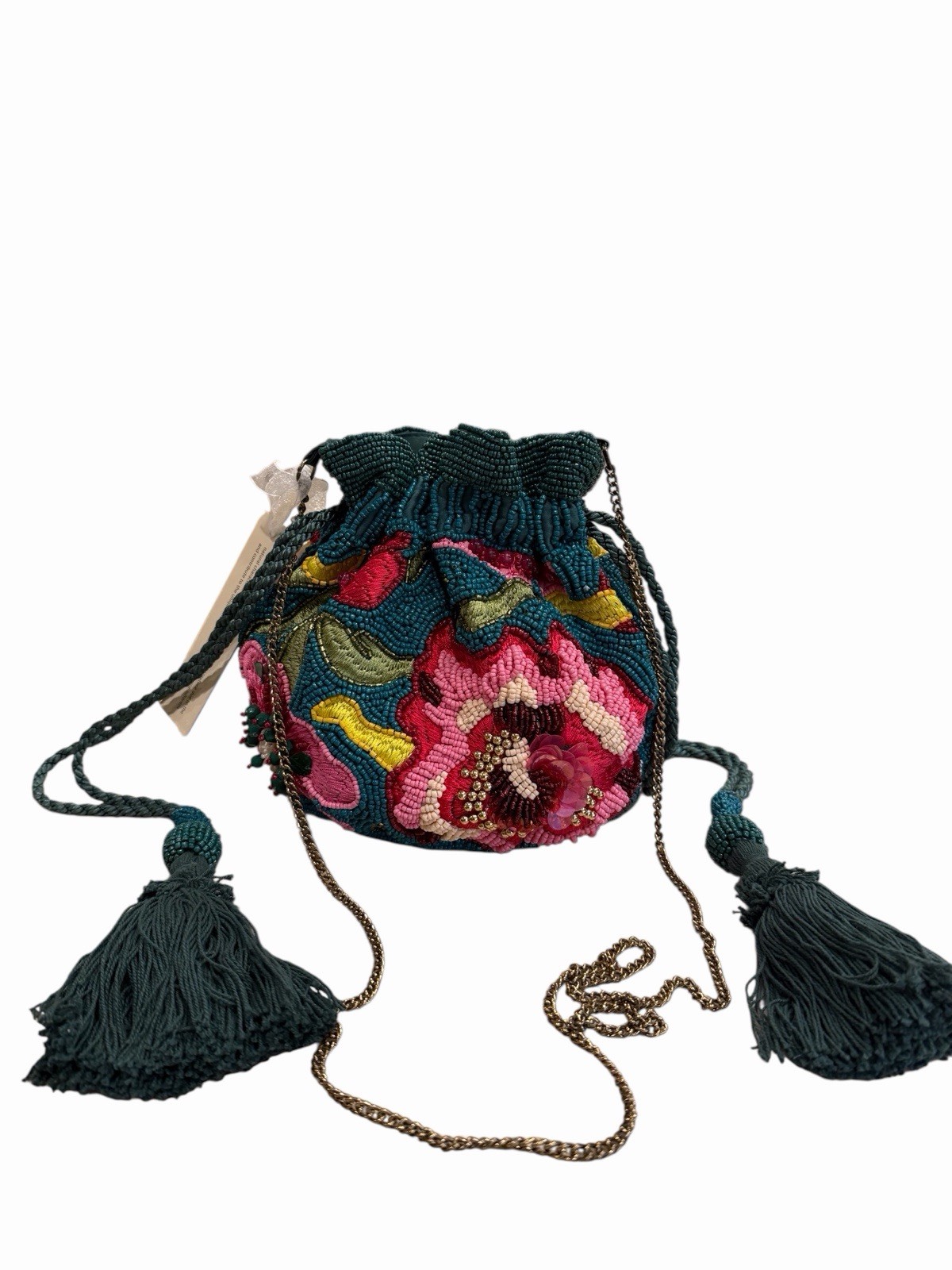 Beaded Floral Drawstring Bucket Bag Tassel Accent Chain Strap Teal Pink Bohemian