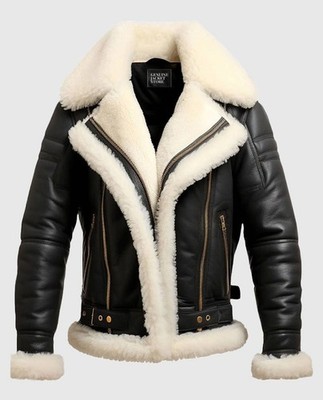 Men's RAF Aviator B3 Black Flight Shearling Fur Jacket Sheepskin Leather Jacket