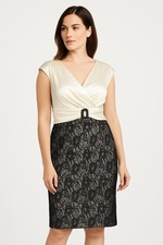 London Times 14P Lace Sheath Dress Black Ivory Satin Formal Cocktail Elegant