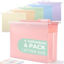 SortRax Plastic High Capacity Hanging File Folders, 4" 6 Pack, Pastel