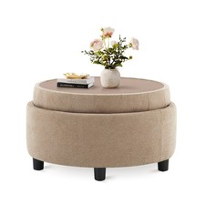 AFO Fabric Round Storage Ottoman with Reversible Tray Lid – Stylish Coffee Table