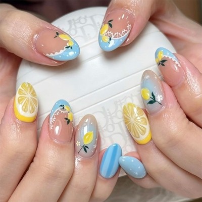 30PCS 3D Fruit Nail Short Almond Press On Design For Commuters Party Or Office