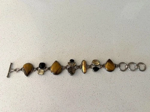 Vintage Handcrafted Tiger's Eye & Multi-Stones Sterling Silver Toggle Bracelet