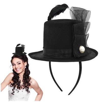 Black Mini Top Hat Fascinator On Headband Feather Pearl Stud  display picture 3