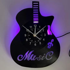 LED Guitar Wall Clock Vinyl Record Blue Light Gaming Room Music Decor