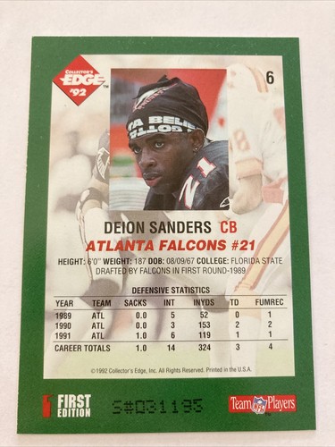 1992 Collector's Edge Football Card #6 Deion Sanders FIRST EDITION - Picture 2 of 2