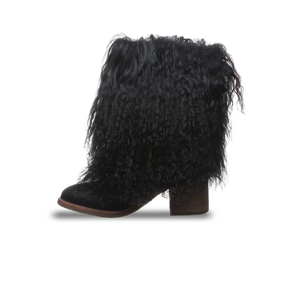 NEW BEARPAW Boticia Black Real Curly Lamb Fur Wool Lined Boots Womens Size 9 NIB