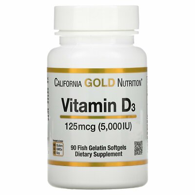 California Gold Nutrition, Vitamin D3, 125 mcg (5,000 IU), 90 Fish Gelatin Softg